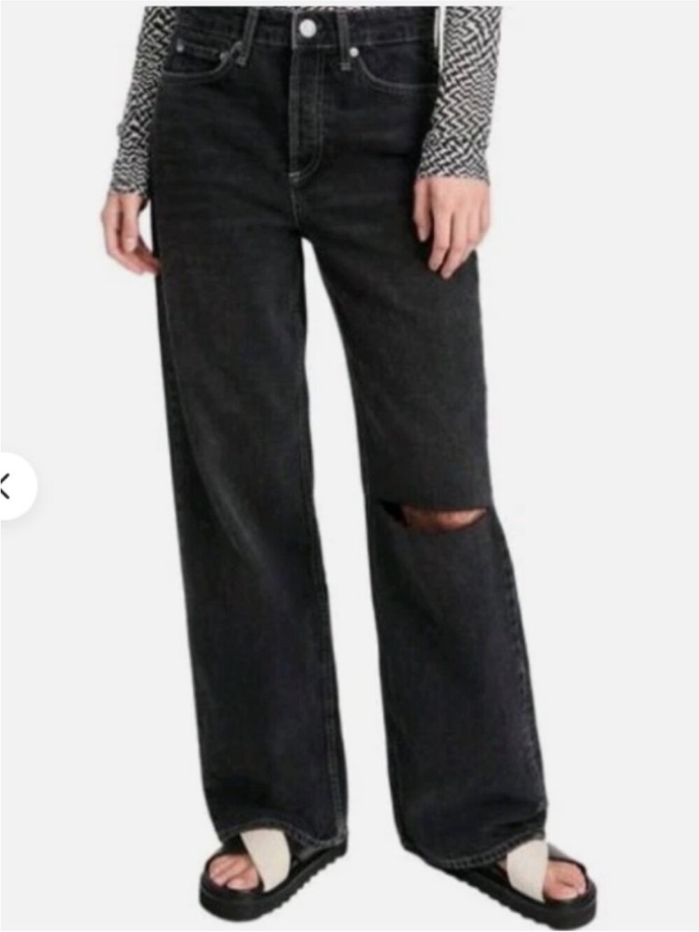 Rag & Bone Logan Mid-Rise Wide Leg Jeans Fillmore Distressed with Holes Black 31